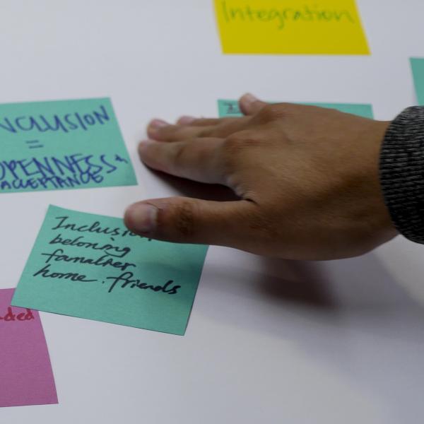 Sticky notes describe some of the aspects of inclusiveness: Community, acceptance, challenge, open-minded, belonging