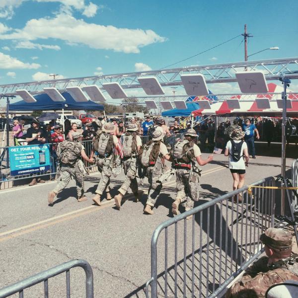 Cadet Flicker, Junior in Environmental Biology, participating in the Bataan Memorial Death March in White Sands, NM, on the women's team.