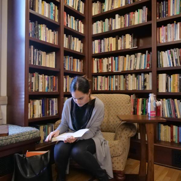 Deven Parker, a fifth-year graduate student in the English department, studies in the Hazel Gates Woodruff reading room. Photo by Casey A. Cass.