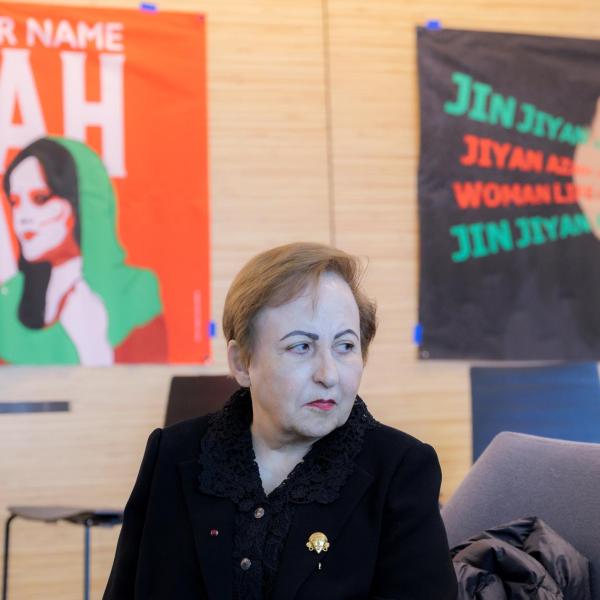 Shirin Ebadi of Iran, left, looks to her her interpreter, Shirin Ershadi (not pictured) during an interview with local media. (Photo by Glenn J. Asakawa/University of Colorado)