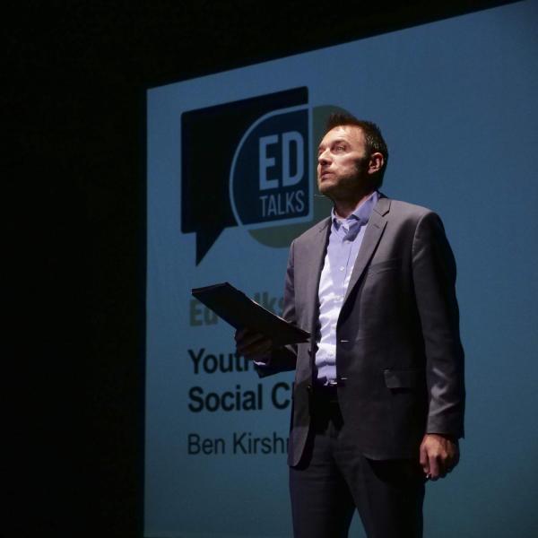Ben Kirshner, professor of education and CU Engage faculty director, gives an Ed Talk at the Dairy Arts Center. Photo by Patrick Campbell.