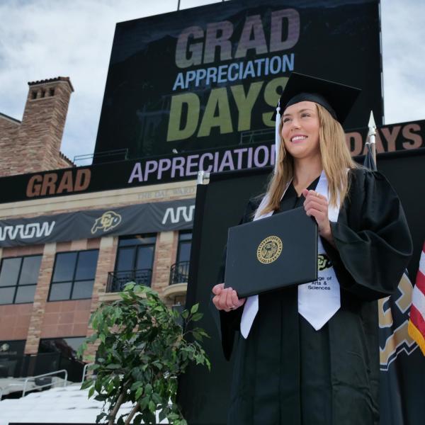 The 2021 Graduation Appreciation Days stage crossing photo-ops in Folsom Field at CU Boulder. (Photo by Casey A. Cass/University of Colorado)