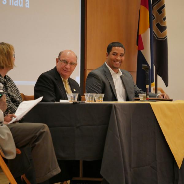 Student Body President of Student Affairs Colton Lyons and Chancellor Philip P. DiStefano speak in Diversity Summit 2016 panel