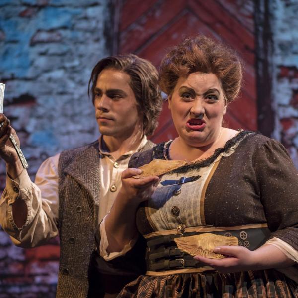 Skyler Schlenker, left, and Erin Hodgson pose for a publicity still for the CU Opera production of "Sweeney Todd." Photo by Glenn Asakawa.