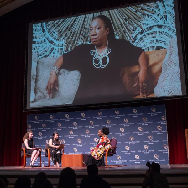 Tarana Burke, founder of the ‘me too.’ Movement, speaks to audience members at Macky Auditorium. Photo by Glenn Asakawa.