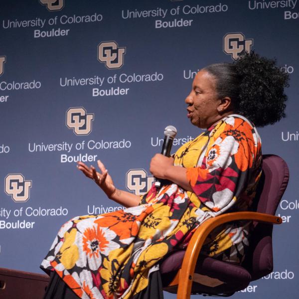 Tarana Burke, founder of the ‘me too.’ Movement, speaks to audience members at Macky Auditorium. Photo by Glenn Asakawa.