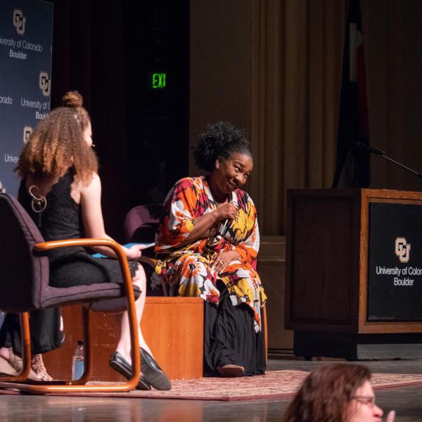 Tarana Burke, founder of the ‘me too.’ Movement, speaks to audience members at Macky Auditorium. Photo by Glenn Asakawa.