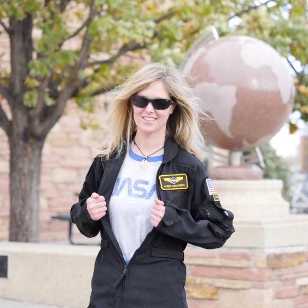 Horodyskyj back home in Boulder wearing her flight suit