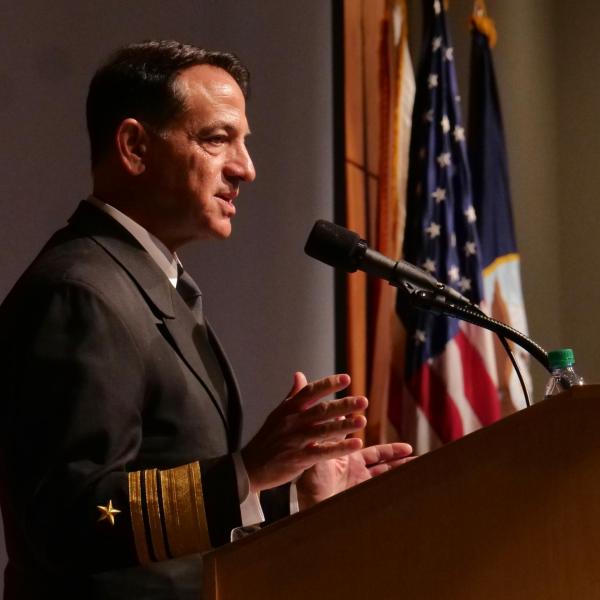 Vice Admiral Herman Shelanski with the U.S. Navy (retired) gives the keynote during the Veteran's Day Ceremony in the UMC. Photo by Casey A. Cass.
