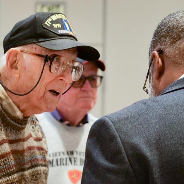 Some military veterans chat before the 2019 Veterans Day Ceremony in the University Memorial Center at CU Boulder. (Photo by Casey A. Cass/University of Colorado)