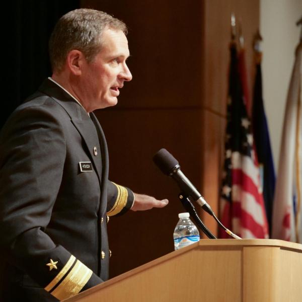 Rear Admiral Marcus A. Hitchcock gives the keynote address during the 2019 Veterans Day Ceremony in the University Memorial Center at CU Boulder. (Photo by Casey A. Cass/University of Colorado)
