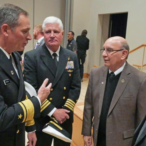 Left to right, Rear Admiral Marcus Hitchcock, Director of Military and Veterans Affairs at CU Stew Elliott, and Chancellor Philip DiStefano chat after the 2019 Veterans Day Ceremony in the University Memorial Center at CU Boulder. (Photo by Casey A. Cass/University of Colorado)