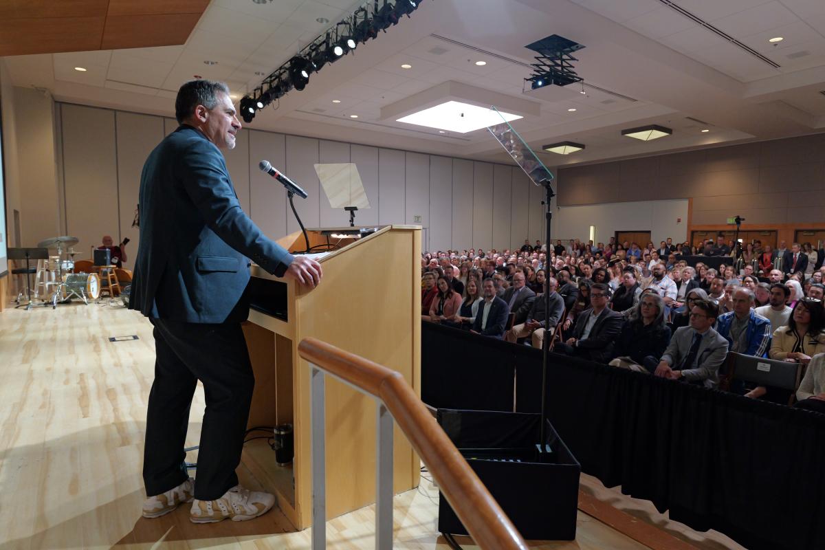 Chancellor Justin Schwartz delivering his inaugural State of the Campus address