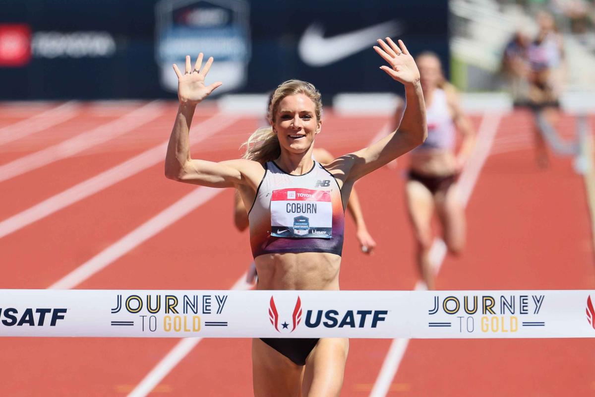 Emma Coburn winning the women's 3000 meter steeple chase