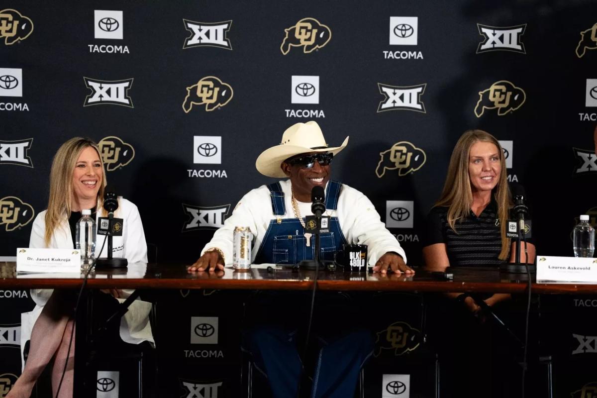 Coach Prime joined by Dr. Janet Kukreja and Assistant Athletic Trainer Lauren Askevold at a press conference