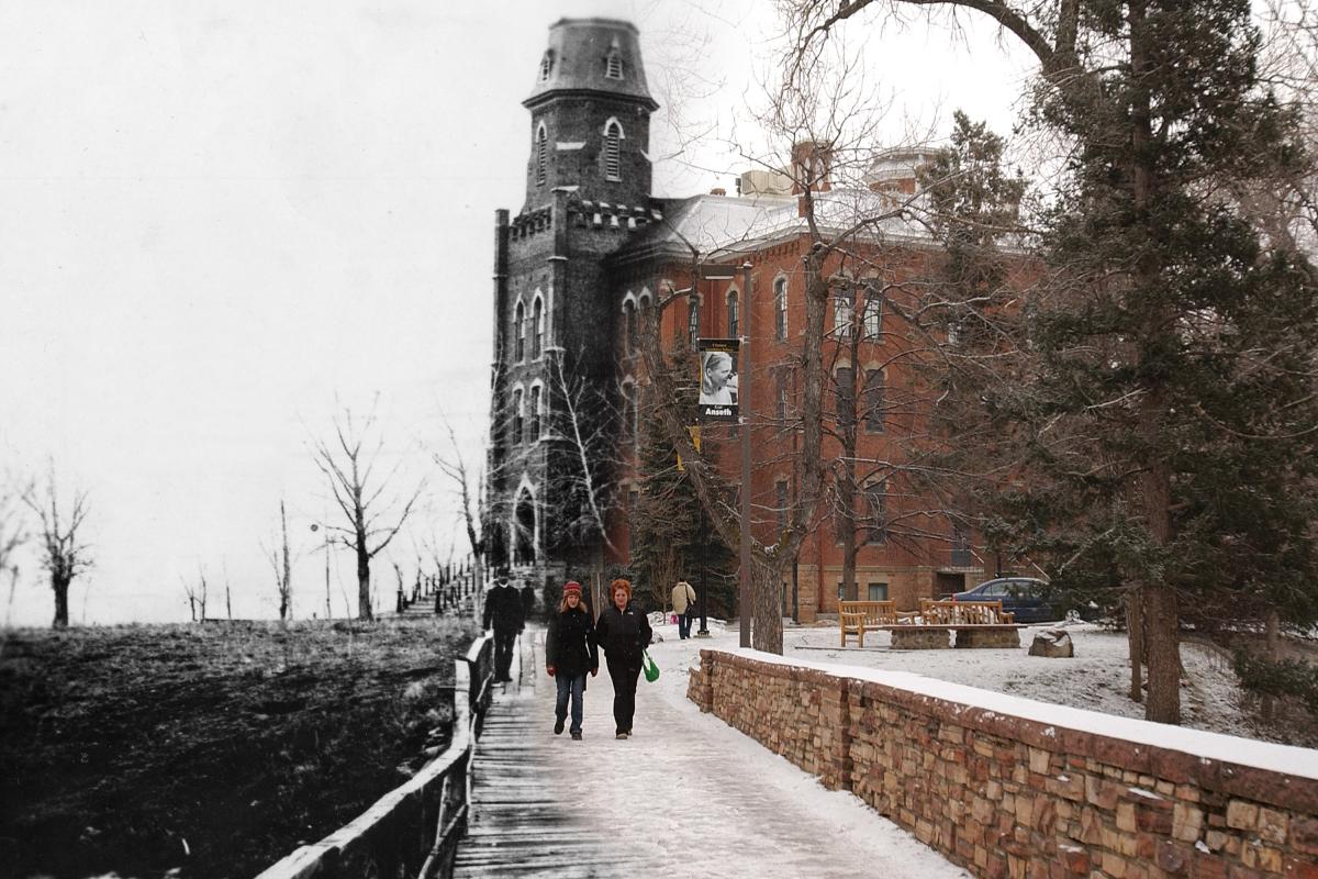 an illustration/composite image of Buffs old and new walking side by side in front of Old Main