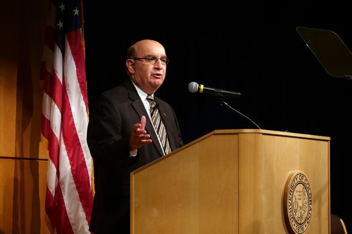 Philip DiStefano, Chancellor of the University of Colorado Boulder, gives the State of Campus speech at the University Memorial Center Glenn Miller Ballroom on Tuesday, Oct. 17, 2017. (Photo by Glenn Asakawa/University of Colorado)