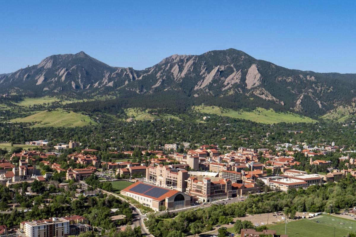 An aerial view of the CU Boulder campus