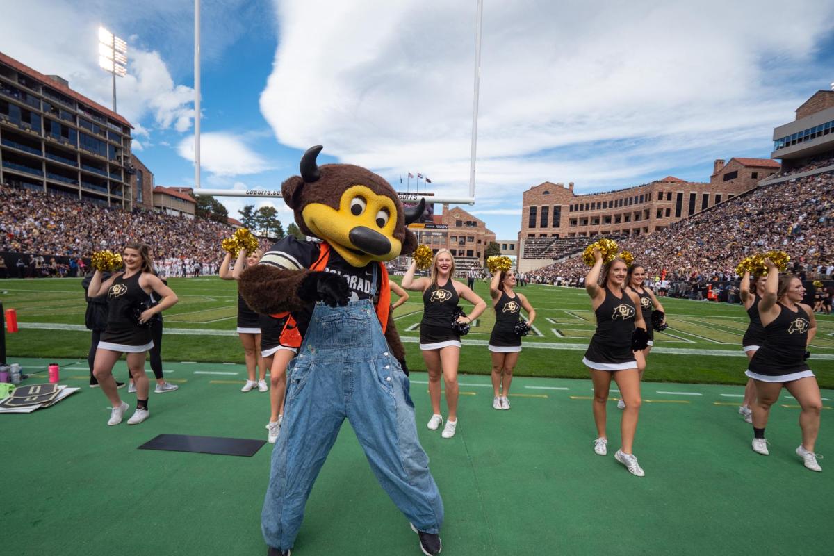 Chip and cheerleaders on the football field