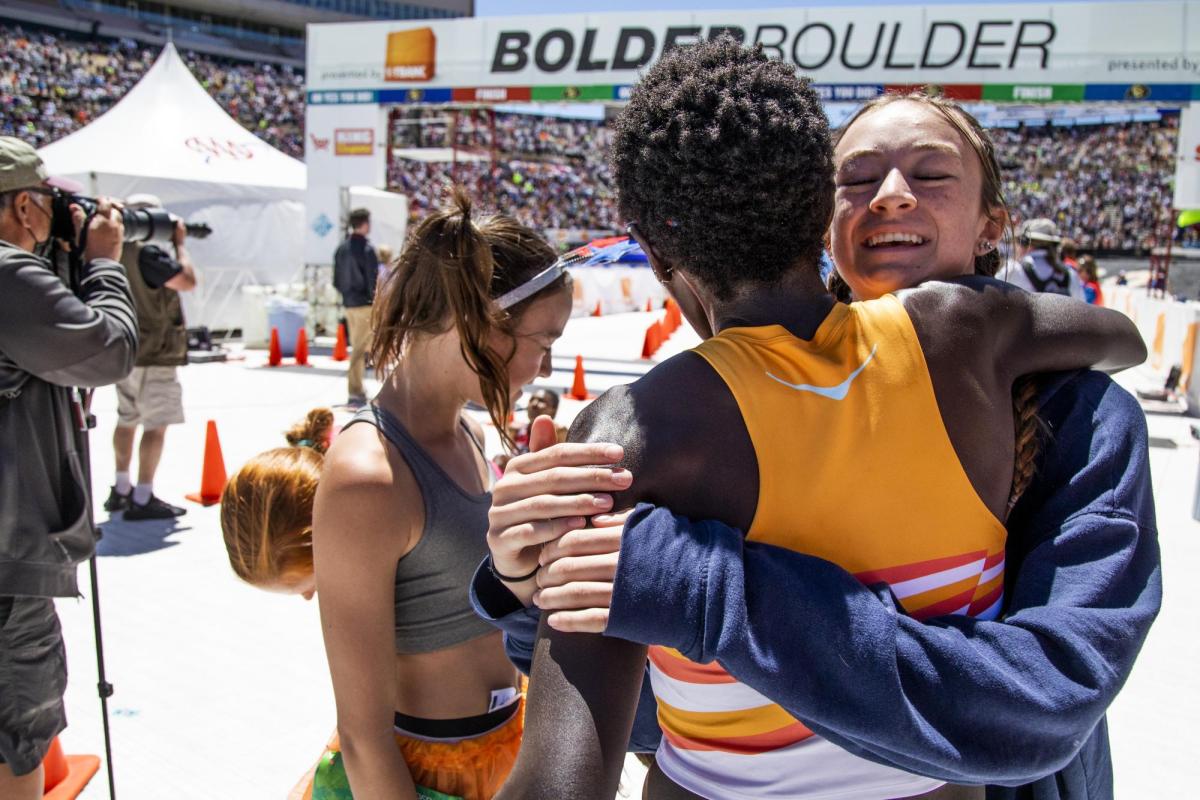 Racers celebrate at the finish line