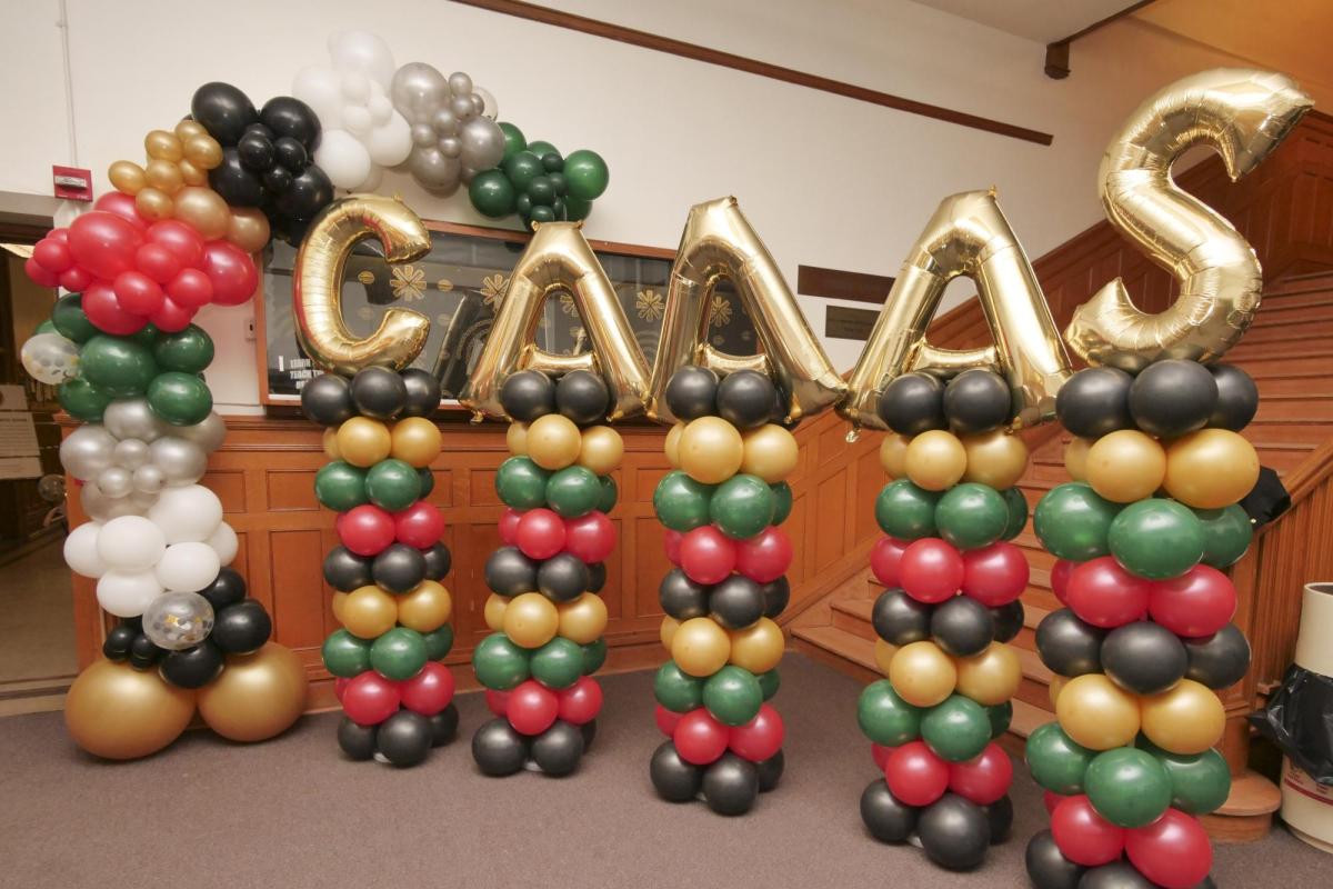Balloon display adds color and cheer at the Center for African and African American Studies grand opening. (Casey Cass)