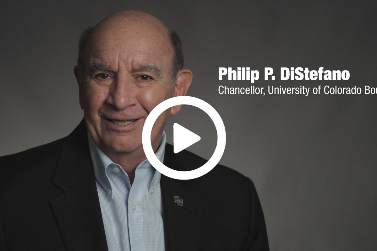 Chancellor Philip DiStefano with video play button overlay