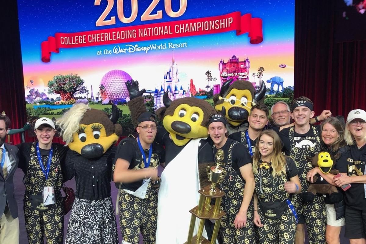 Chip and the Colorado cheerleading team after winning the 2020 Mascot National Championship