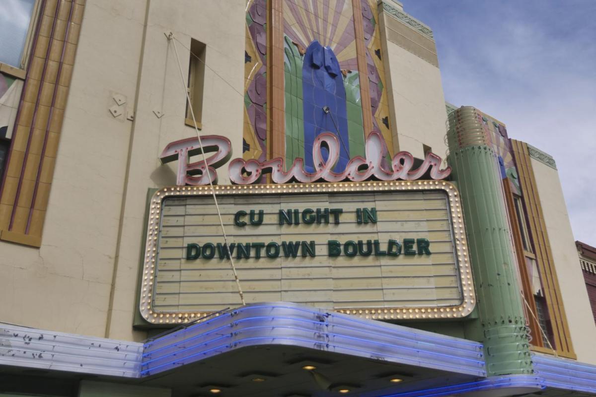 Boulder Theater marquee says CU Night in Downtown Boulder