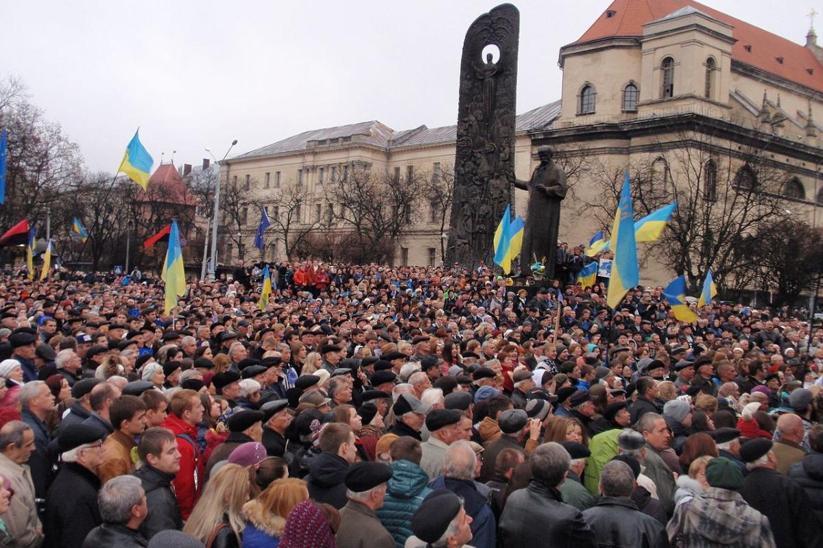 Protesters gather in the Ukrainian city of Lviv during the Maidan protests of 2014.