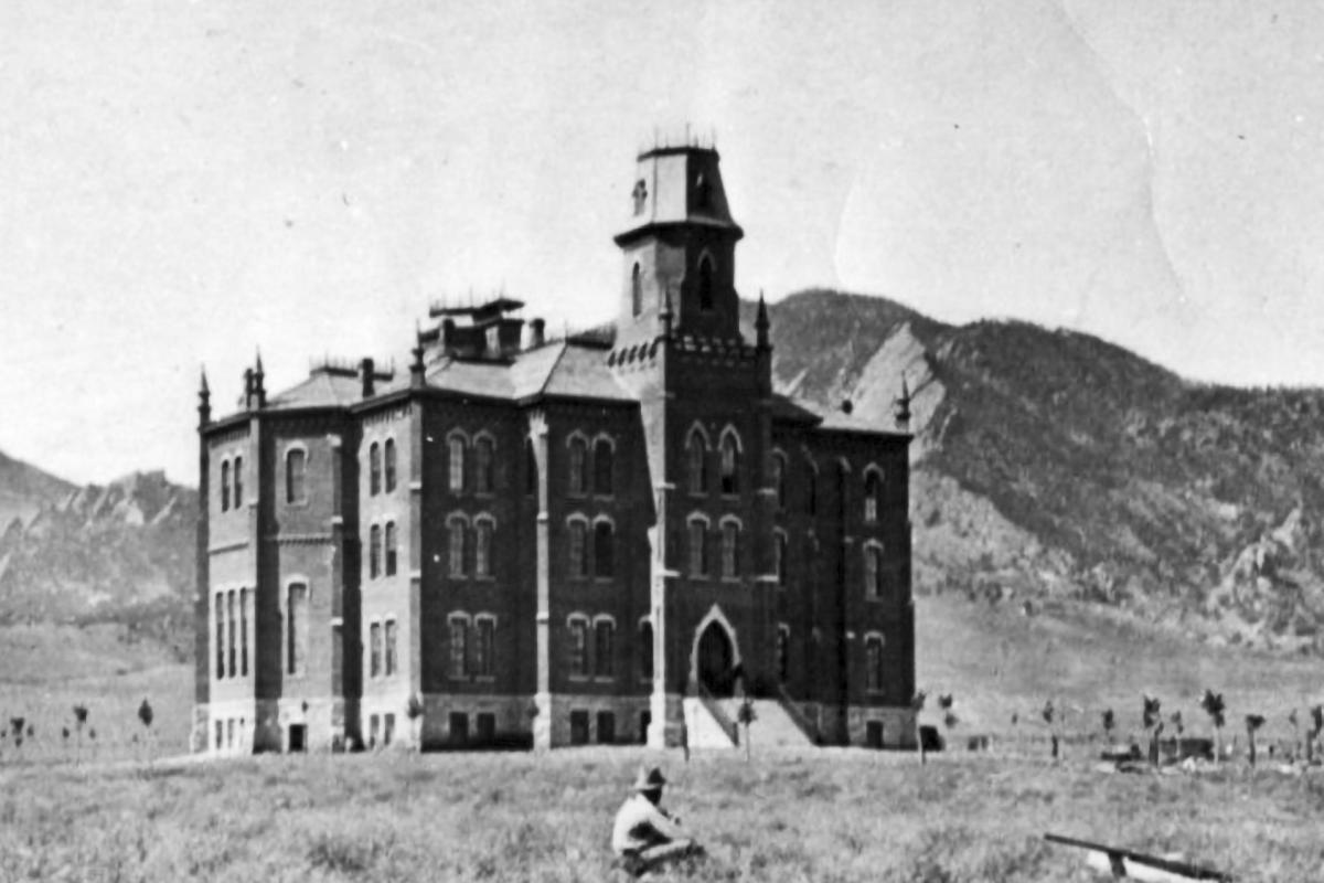 A black and white photo of Old Main Chapel on the CU Boulder campus.