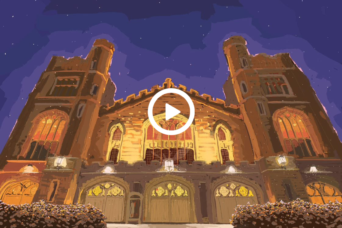 illustration of Macky Auditorium on a starry night with a video play button overlay