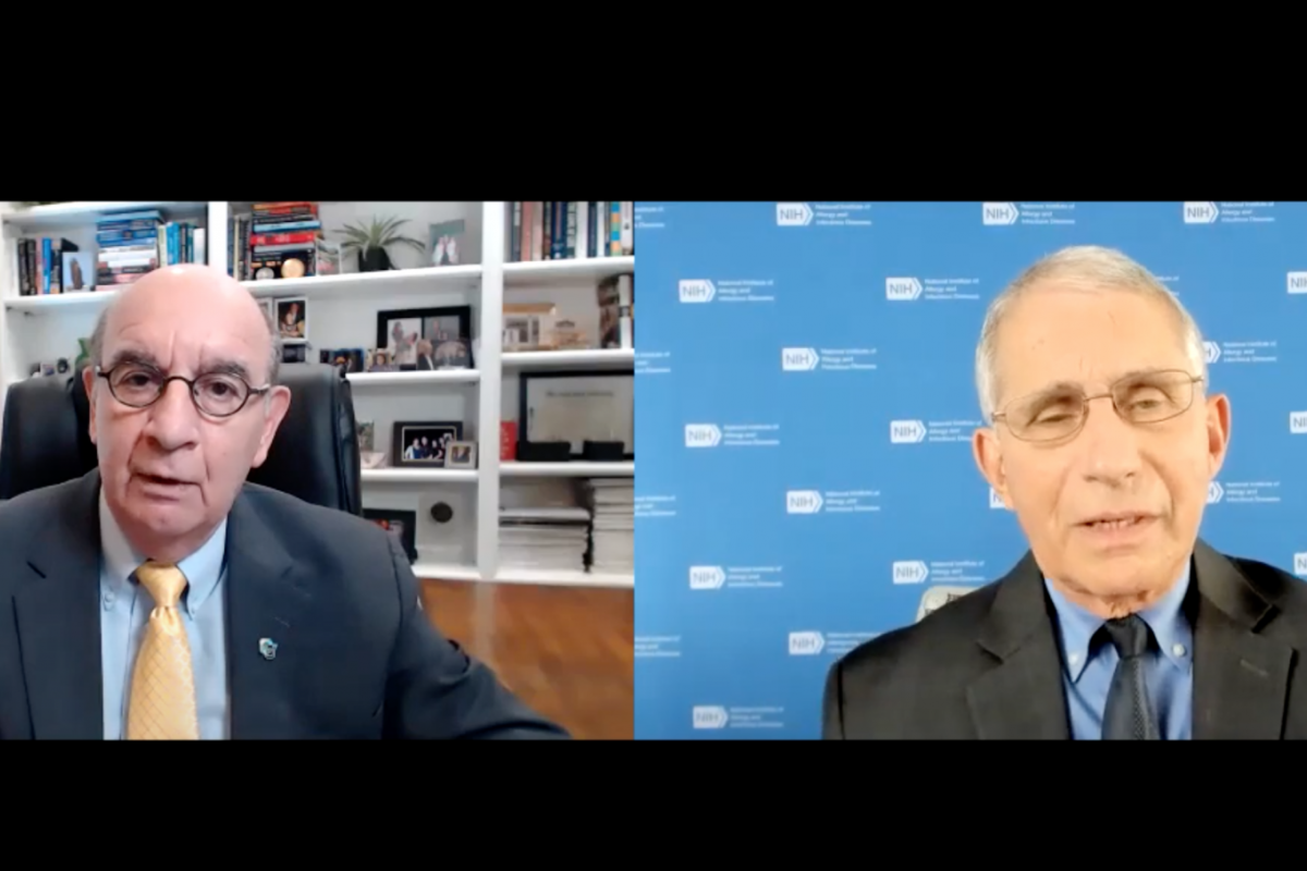 Chancellor Philip P. DiStefano poses questions from students to Anthony Fauci
