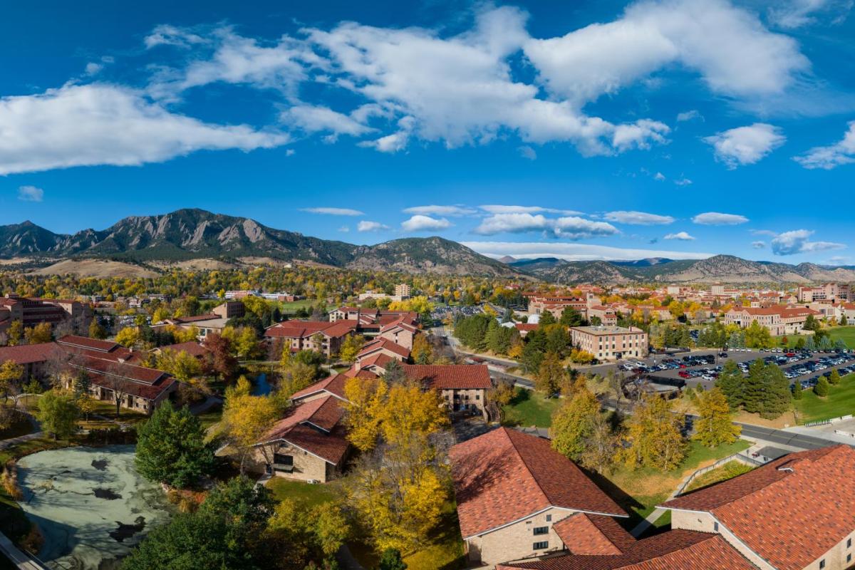 A drone image taken from near Kittredge Pond on the CU Boulder campus.