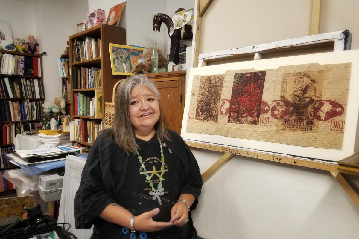 Photo of printmaker Melanie Yazzie in her studio