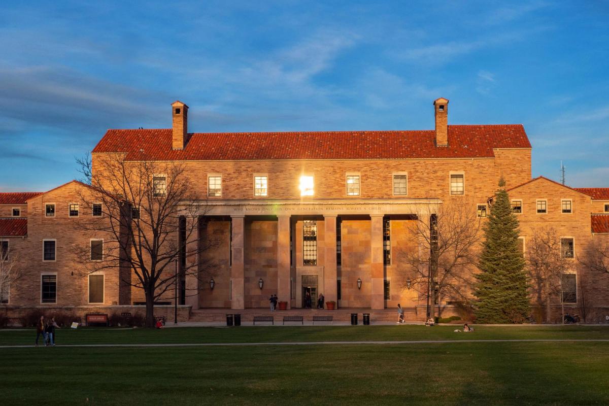 Norlin library at sunset. (Photo by Glenn Asakawa/University of Colorado)