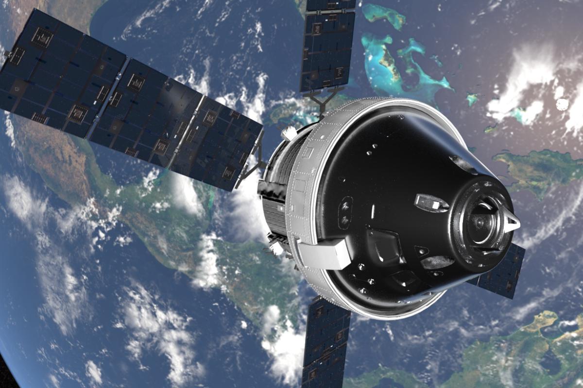 Artist's depiction of Orion Spacecraft leaving Earth's orbit