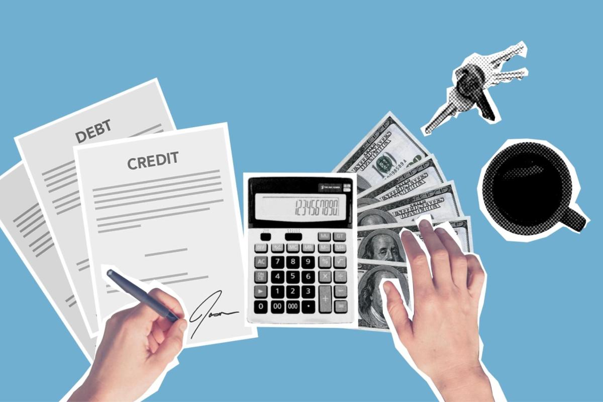 In a digital image, two hands, one holding a pen, hover over papers, a calculator, cash, a mug and a set of keys, all with a light blue background. Photo courtesy of Pexels.