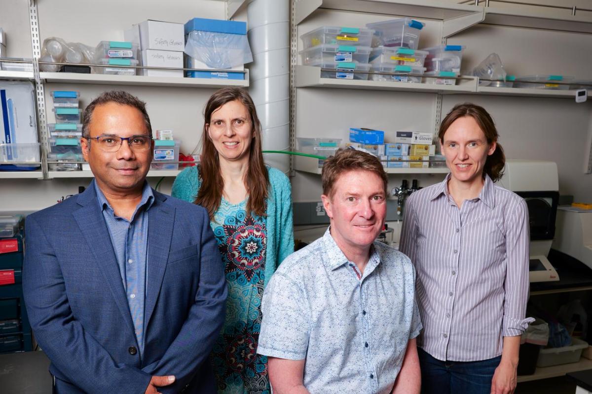 Two women and two men pose for a photo in front of a lab bench