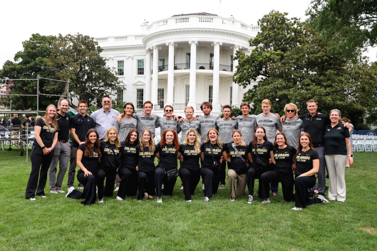 The CU Ski team stands in front of the White House during a visit to honor the team.