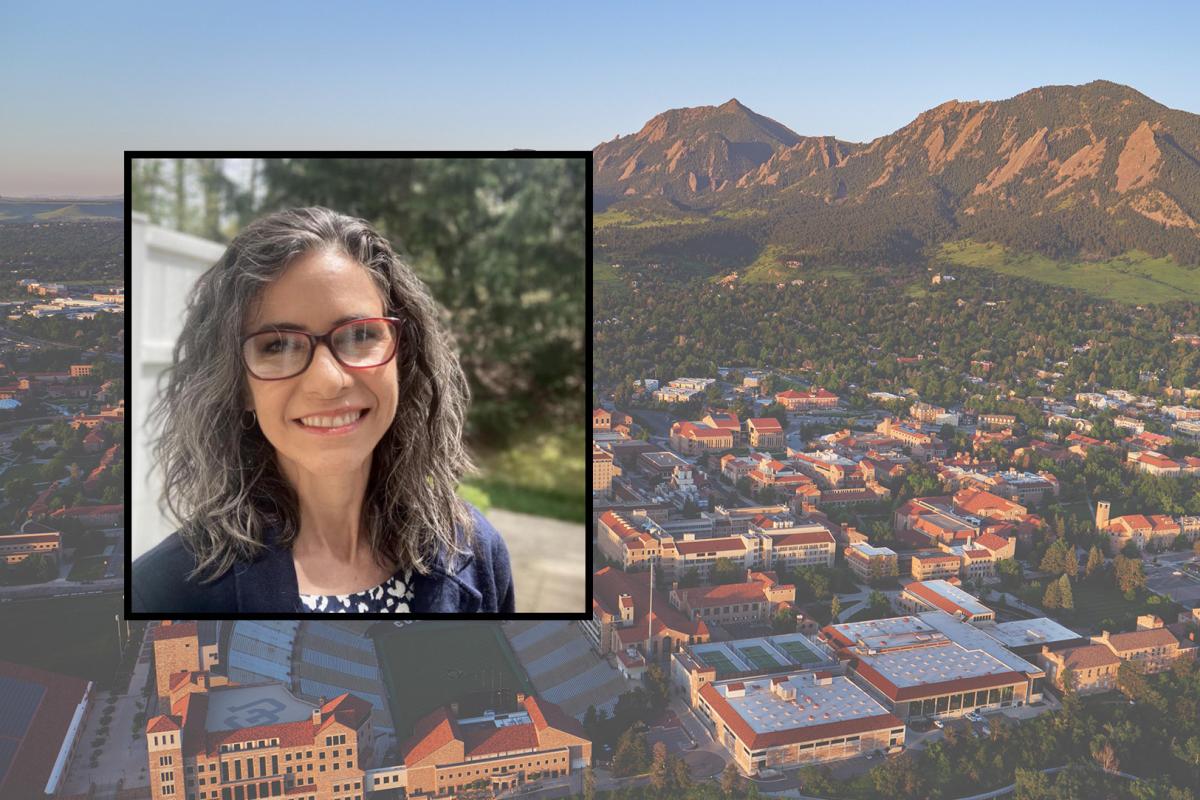 Sonia DeLuca Fernández's photo in front of an aerial photo of CU Boulder Campus