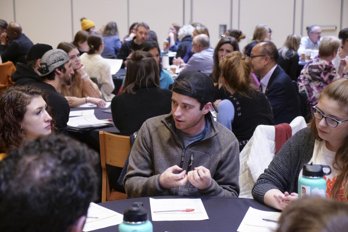 Members of the CU community meet with CU Boulder leadership in small groups during the CU Leadership "Unplugged" session during the second day of events for the 2019 Spring Diversity and Inclusion Summit at the University Memorial Center. (Photo by Patrick Campbell/University of Colorado)