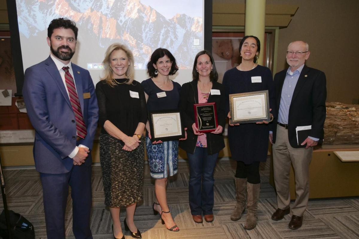 Office for Outreach and Engagement Director David Meens, Dean of Continuing Education Sara Thompson and Provost Russ Moore with 2018 award winners Stacey Forsyth, Amanda Giguere and Michelle Gabrieloff-Parish