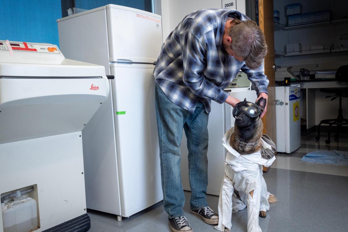 Student with service dog in a lab coat and goggles