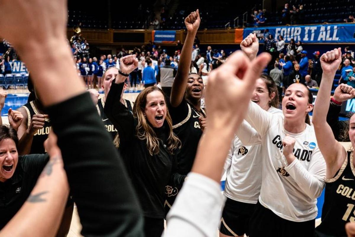 The CU women's basketball team celebrates their NCAA win to advance to the Sweet 16. (Tyler Davis)