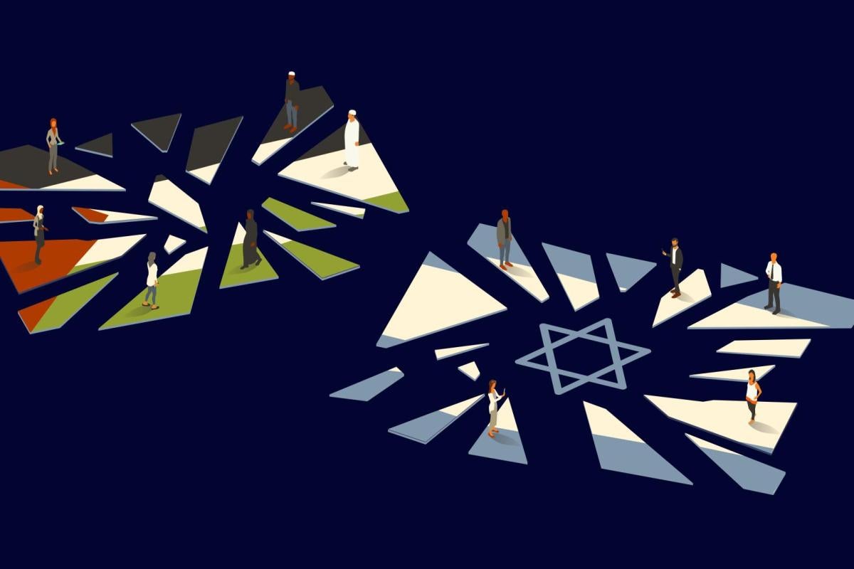 Graphic image of broken Palestinian and broken Israeli flags with figures standing on top.