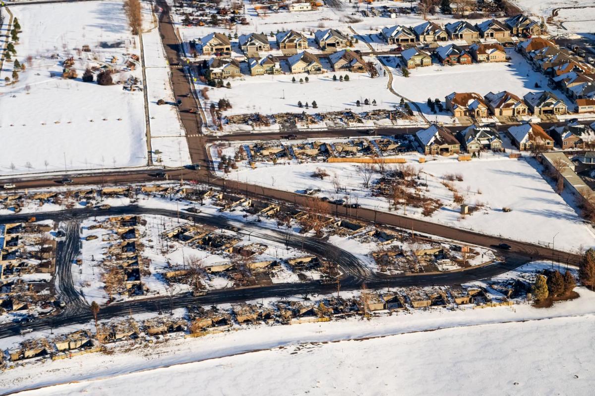 aerial view of the area affected by the Marshall Fire