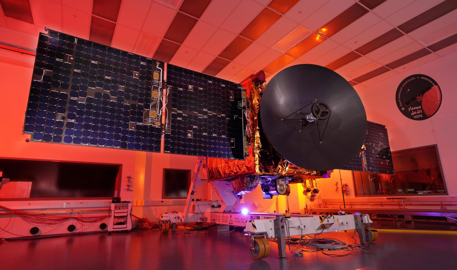 The assembled Hope spacecraft sitting in a clean room.