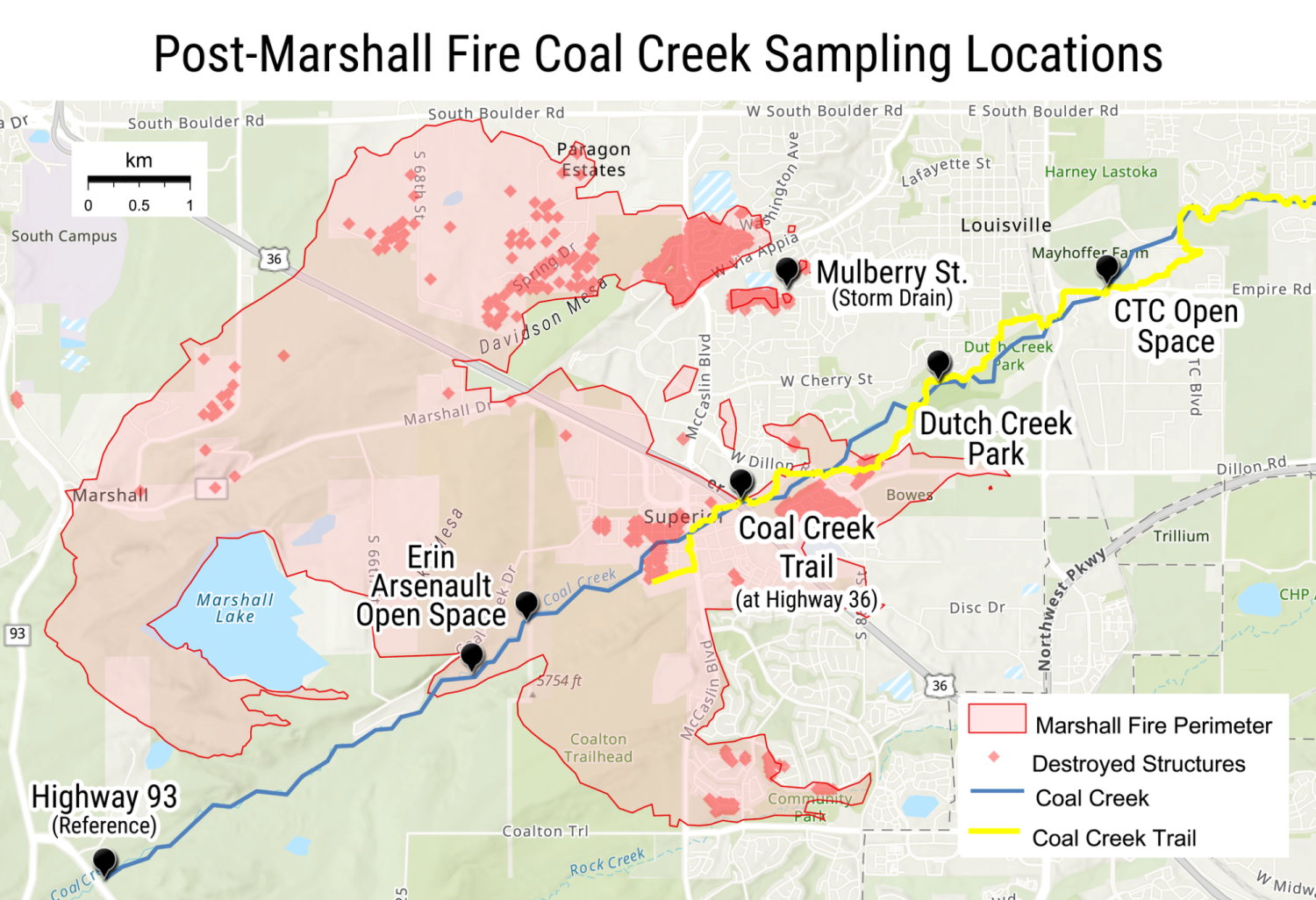 Map depicting the post-Marshall Fire Coal Creek sampling locations