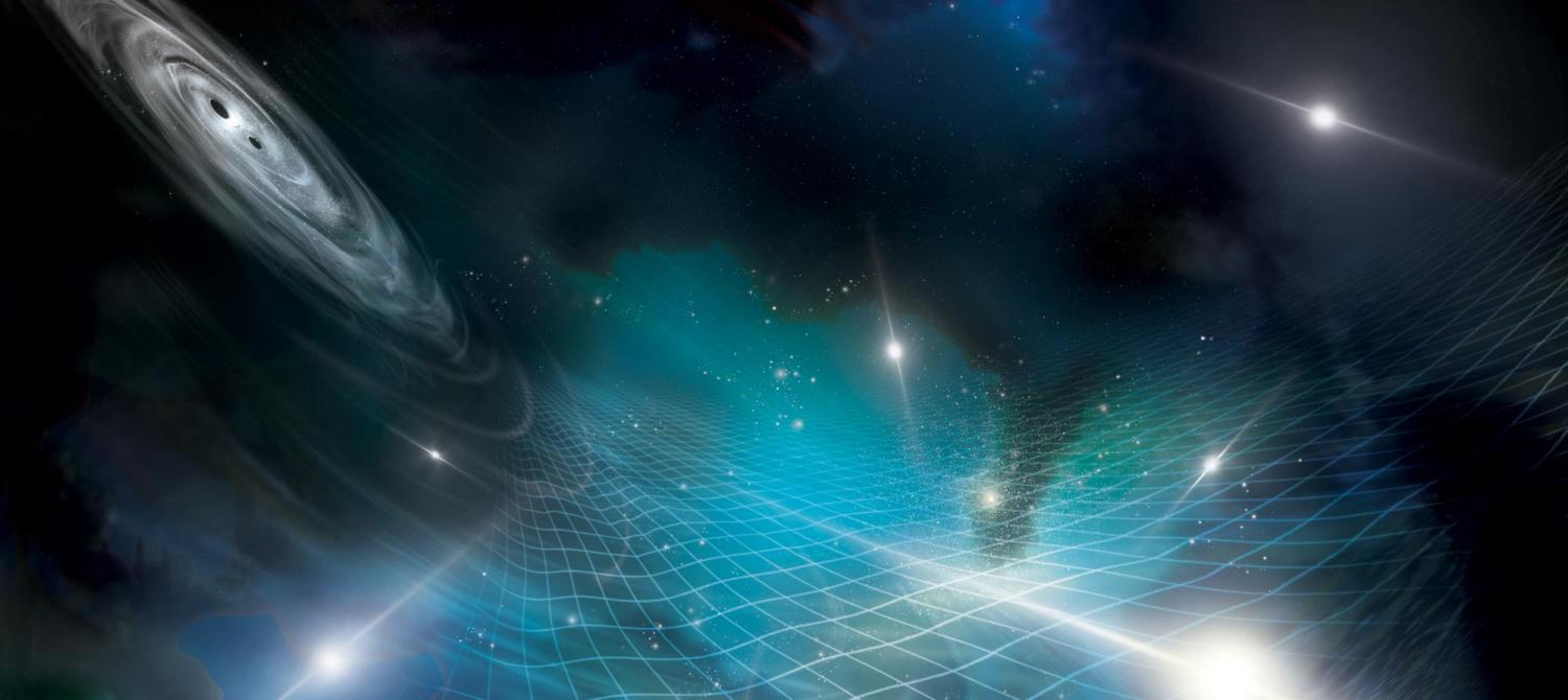 Illustration showing two merging black holes creating undulations in the fabric of space and time