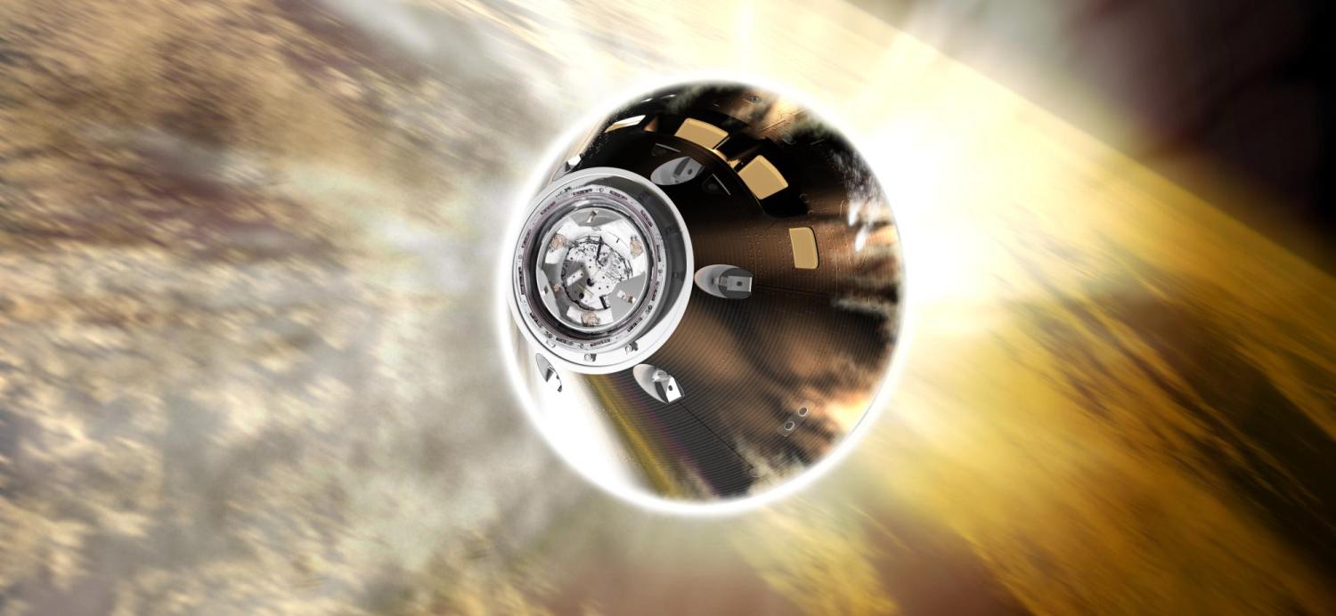 Artist's depiction of the Orion capsule reentering Earth's atmosphere